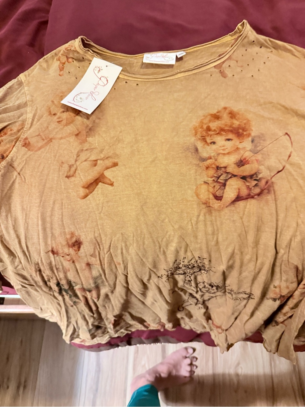 Vintage-Style khaki Graphic Top with Cherub Print by Paper Lace